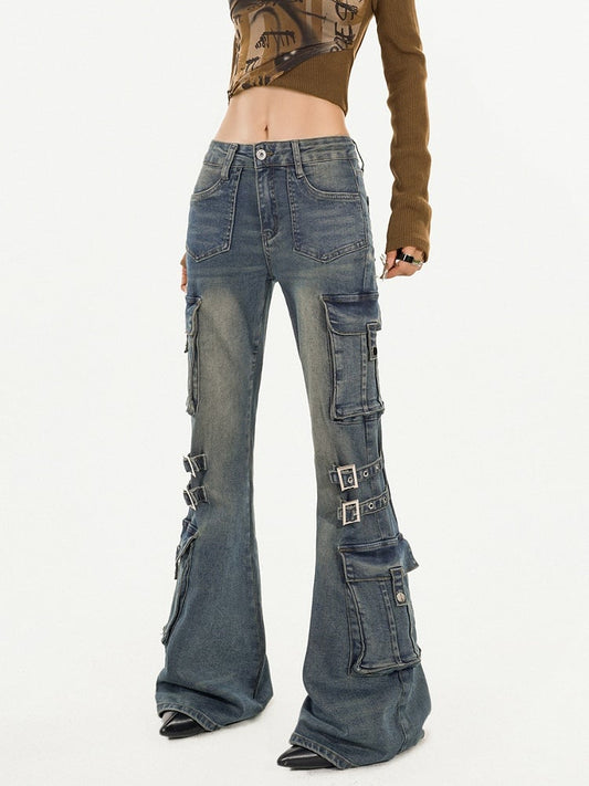 Blue Flared Jeans Slim-fit Denim Vintage Wash