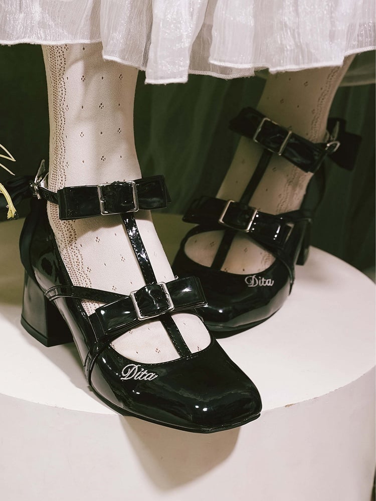 Poliert T-Riemen Akzente Schuhe Design Schleife Mitte Heels Zehe Quadrat Elegante Schwarze Lolita mit