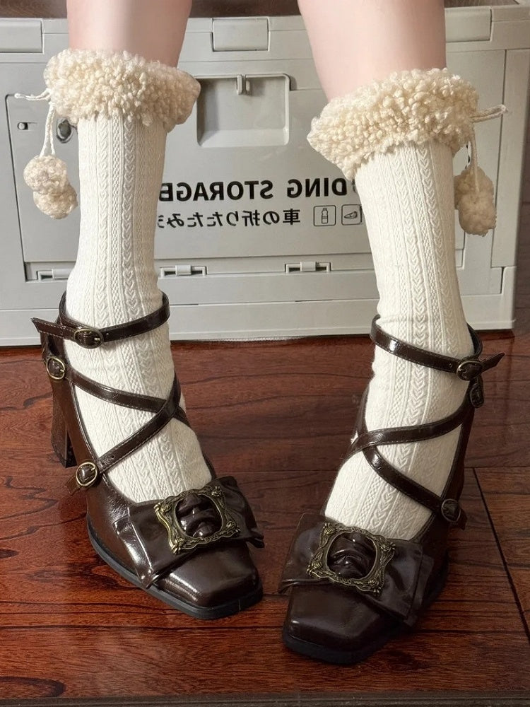 Toe Picture Heels Middle Crisscross at Square Frame - Straps Design Bow Buckle Elegant Top Brown Lolita