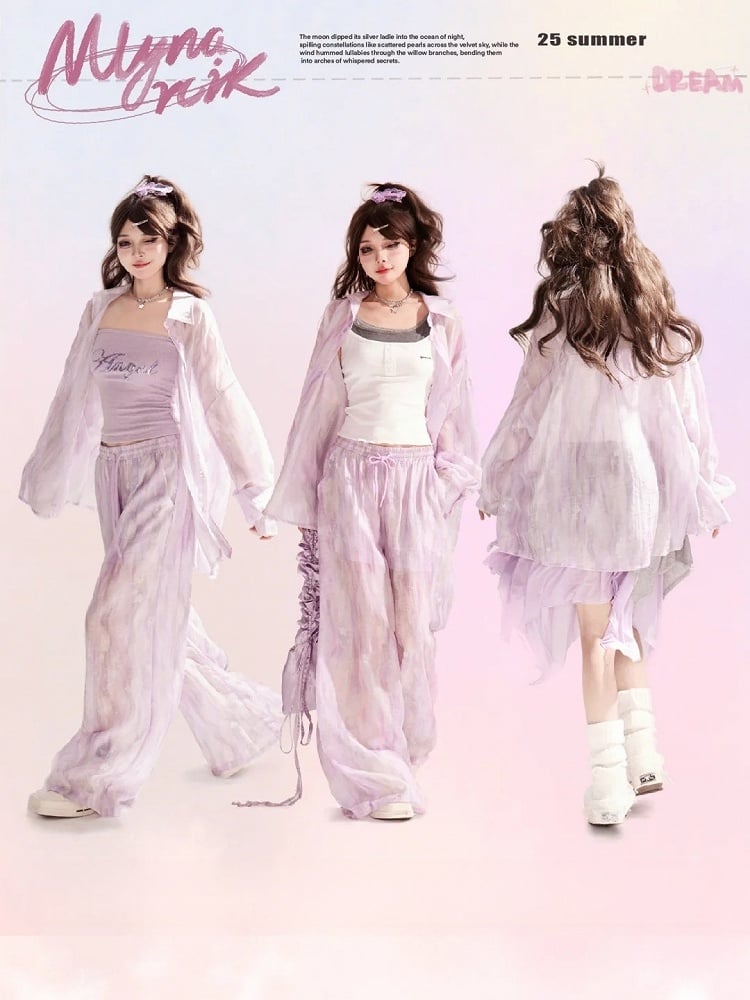 Light Waist Wide-leg Casual Loose Shirt / Pants Purple Drawstring