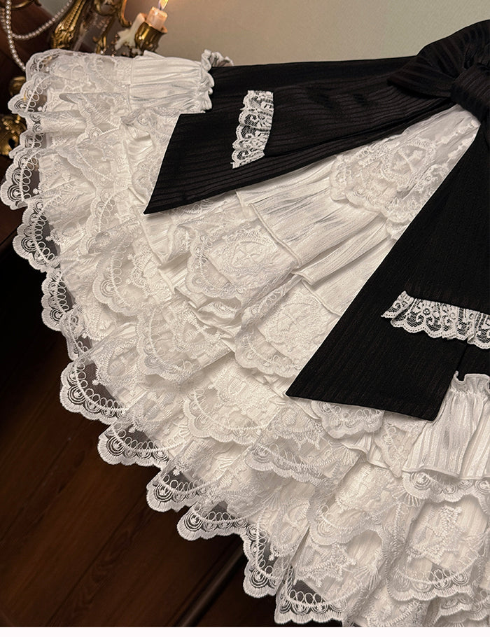 Black Neck Dress White Lolita Ruffle Fit Hem Striped Waist Layered with Sleeveless Fabric Slim and