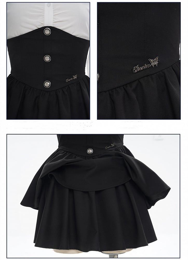 Suspender Skirt White High Waist Black Preppy Set- Full Overalls Shirt +