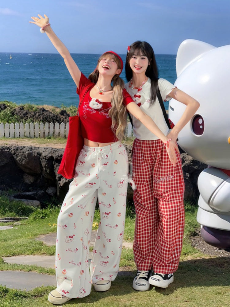 White Drawstring Waist Allover Kitty Print Wide-Leg Casual Pants