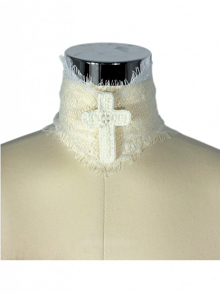 Gothic Weiß Gehäkeltes Kreuz Choker