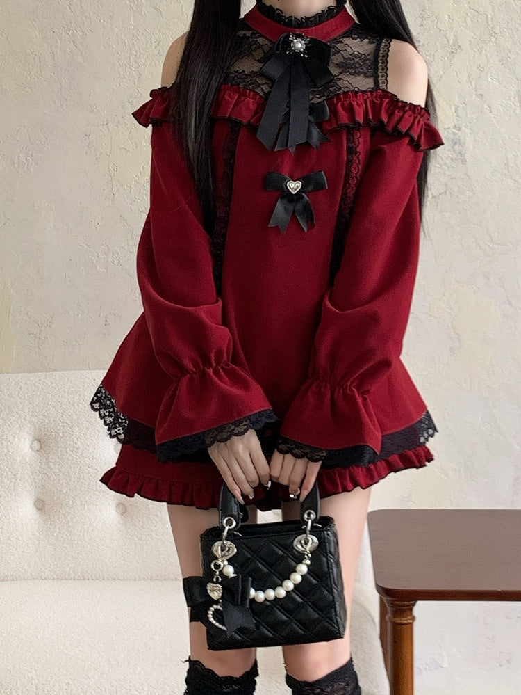 Saum Jirai Kei Schwarzes Set Shorts mit Mini-Ausschnitt Cutout Schulter Illusion Rock Kleid Rot Rüschen
