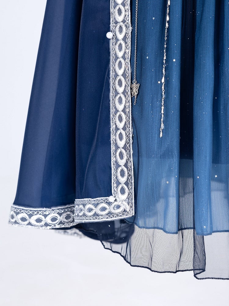 Night + Blue Embroidery Dress Long Dark Butterfly Starry Dreamy