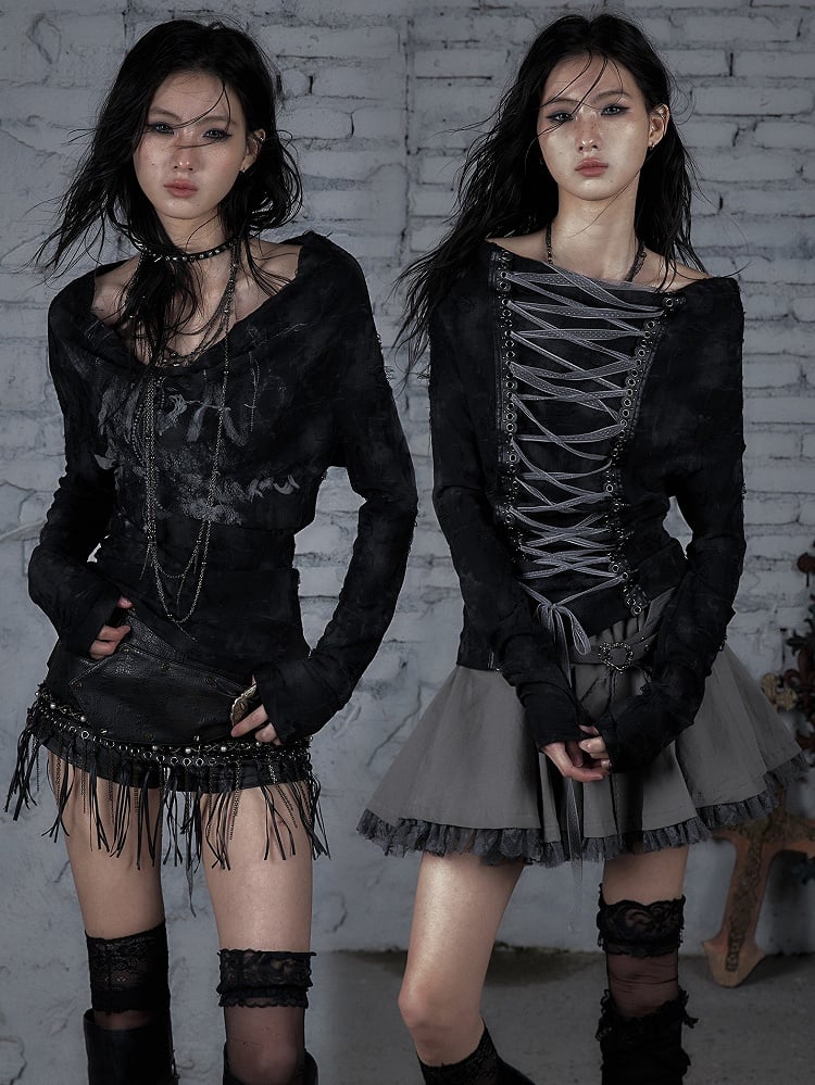 Lace-up Wasteland Black Top Off-the-shoulder Punk Design Neckline