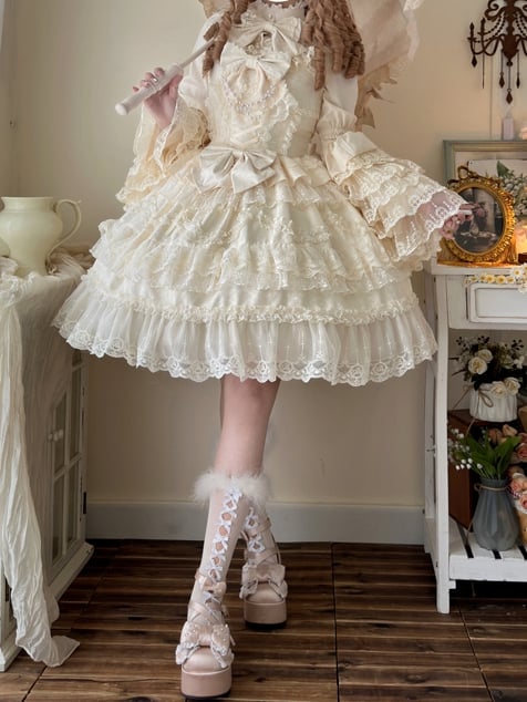 White Dress Hanayome Lolita Jumper Bows Skirt Decorated Lace Apricot Trims