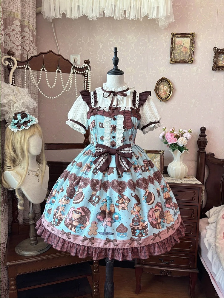Lolita Dress Sleeves Vintage Teddy Bear Print Sweet Flutter Mint Green JSK