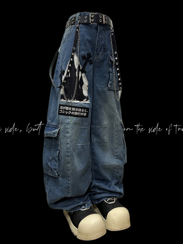 Decorated Cut Jeans Cargo Y2K Letter Pockets Blue Wide-leg Applique