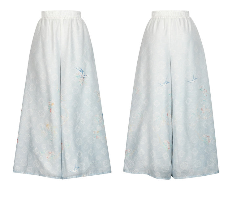 Gradient Pants Chiffon Floral Print Leg Wide Blue