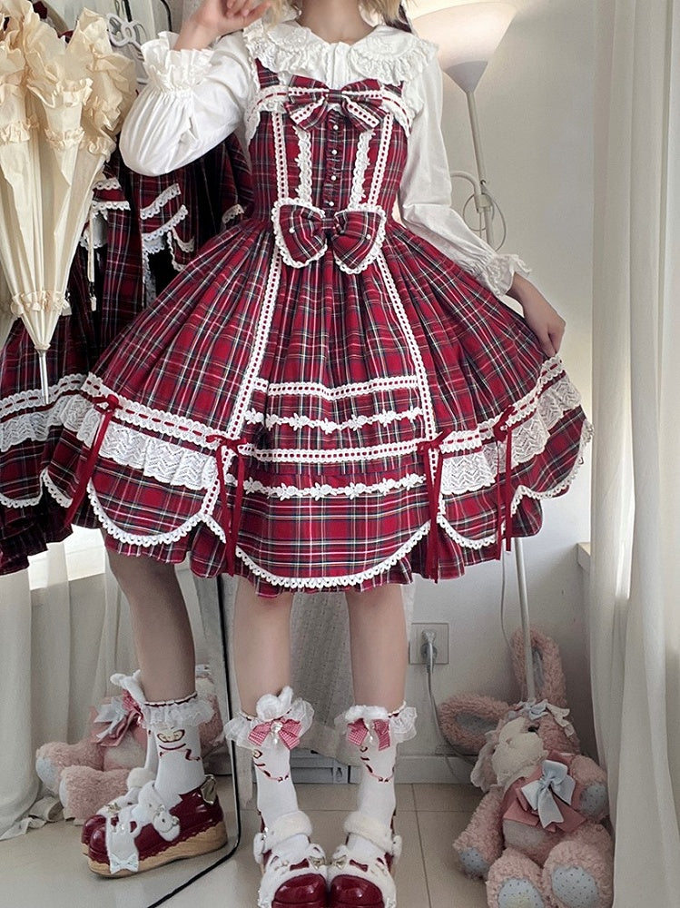 with Accents Skirt Scalloped Jumper Sweet Plaid Lolita Bow Edge Red Trim