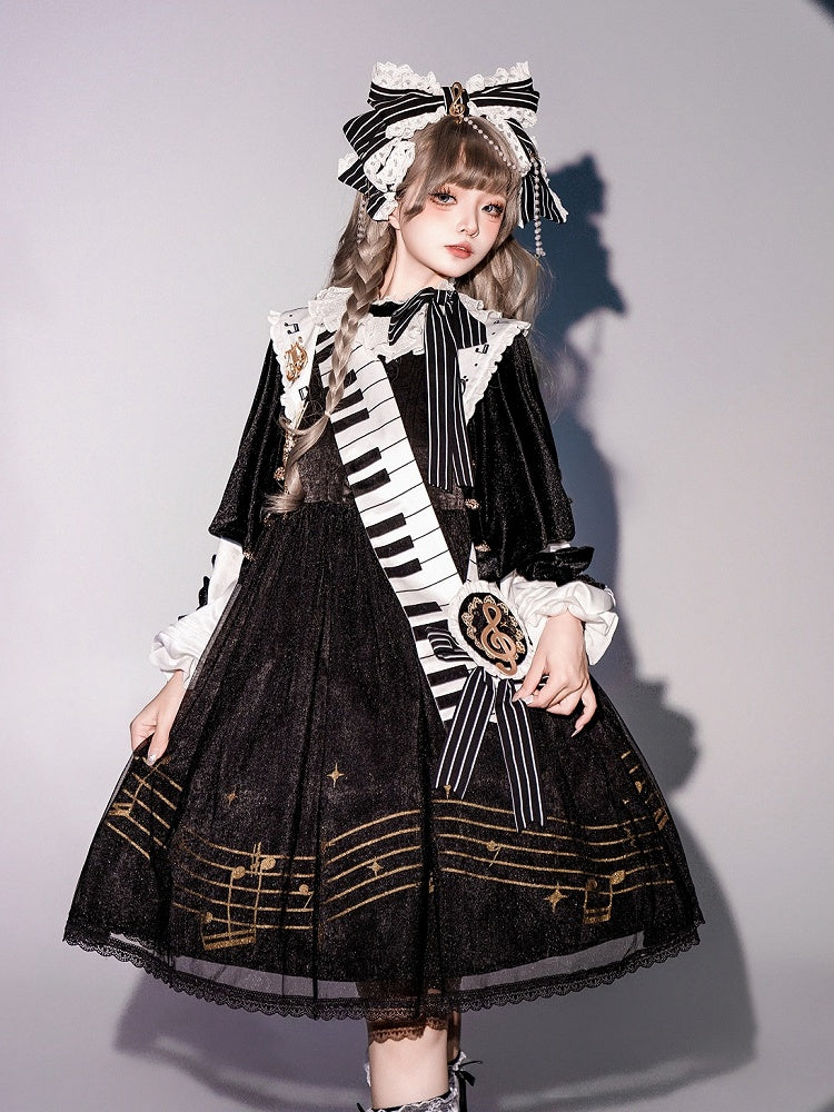 音符プリントの白黒長袖ロリータOPフルセット