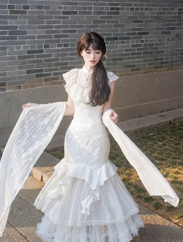 Set Lolita Qi Mermaid Butterfly Qipao Full Illusion Neckline Jacquard Collar Dress