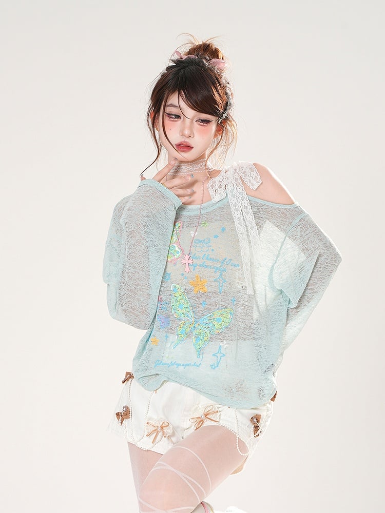 Asymmetrical Neckline Butterfly Print Apricot/Green