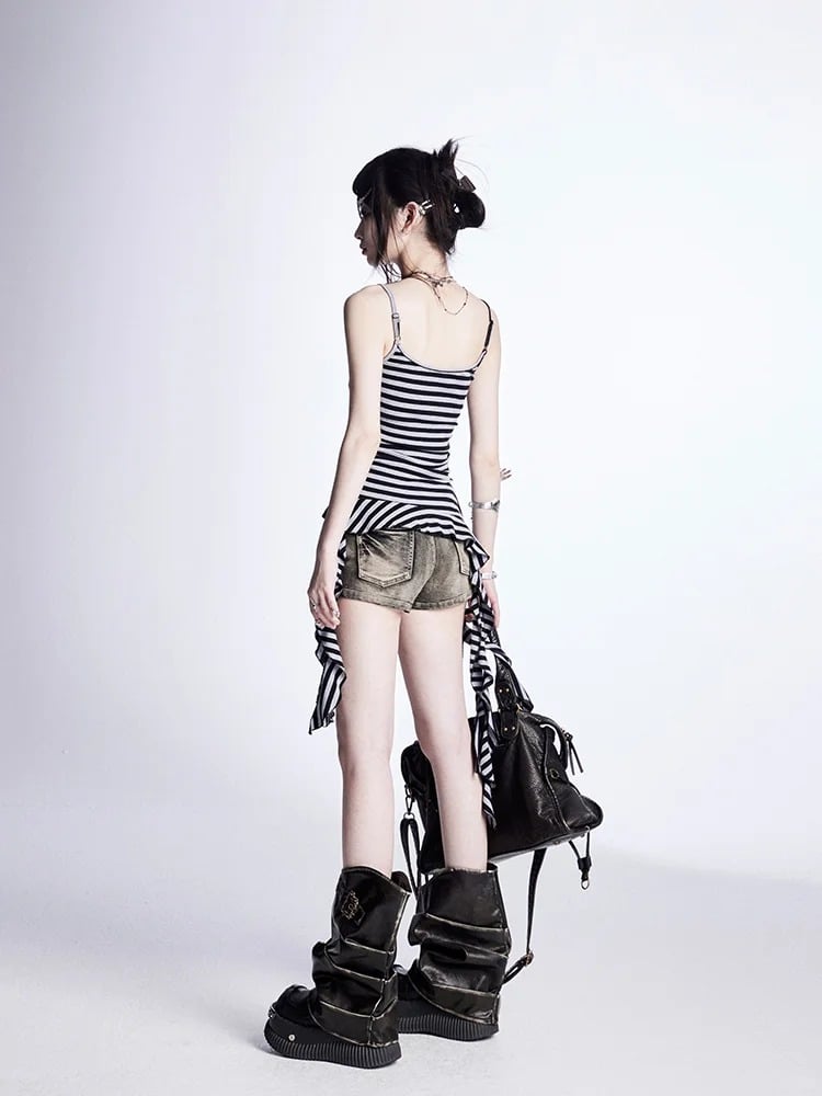 Glamorous Denim Shorts Waist Cross Studs Distressed Black Low
