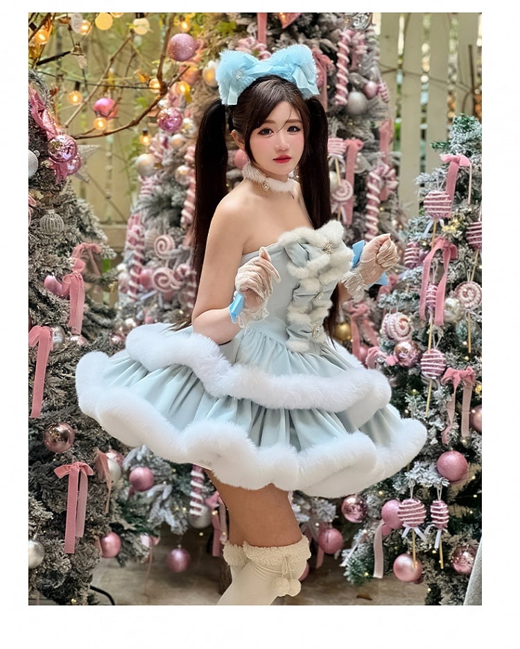 Blaues trägerloses Winterkleid mit Schneeflockenschleifen und Plüschbesatz