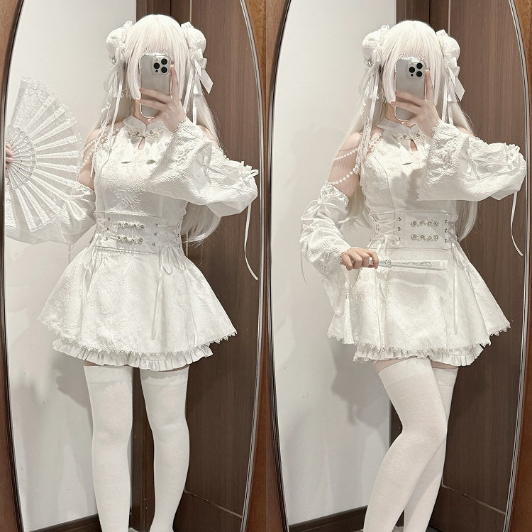 Jirai Kei White Jacquard Cheongsam with Set Detacable Collar Waist Chain+Lace-up Top Beaded Shorts