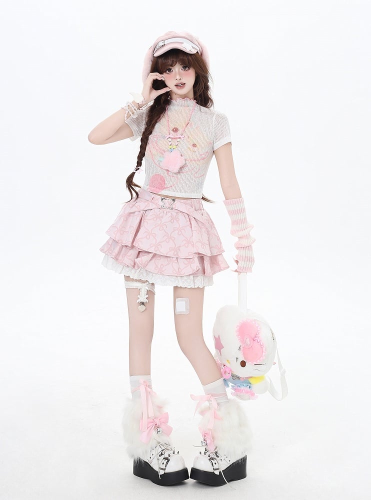 Cropped Beige/Light Pink Yume T-Shirt Adorable Animal Print Semi-sheer Kawaii