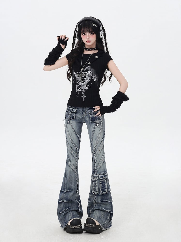 Blue Low Rise Raw Hem Faded Wash Flared Cargo Jeans Y2K