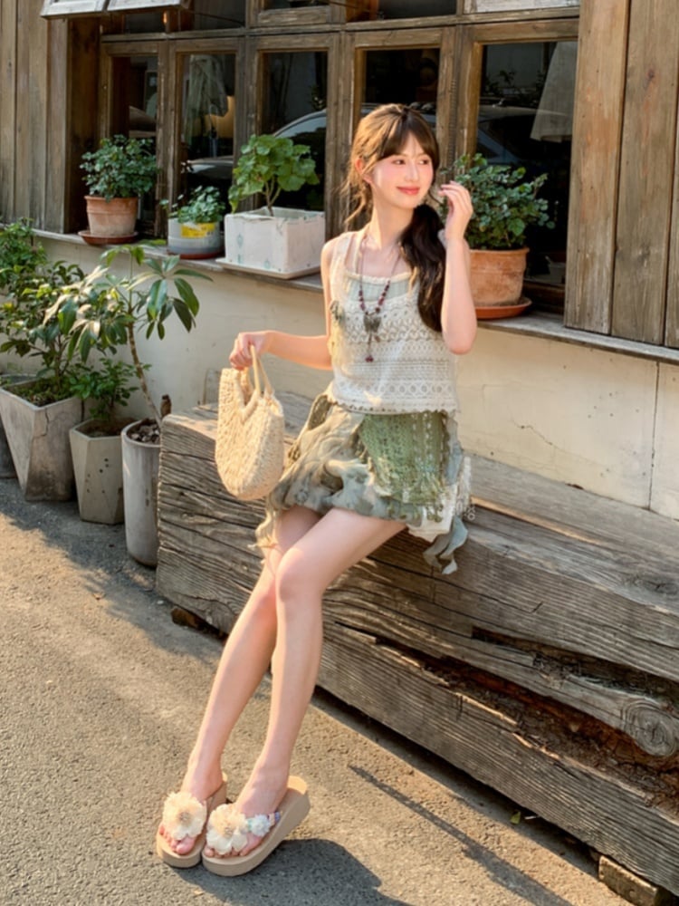 Shorts Dye Lace Waist Mori Kei Green Elastic Side Patches Tie