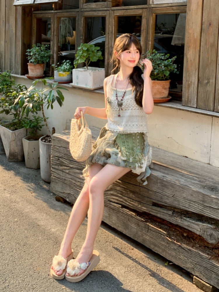 Side Waist Patches Shorts Dye Lace Mori Kei Green Elastic Tie