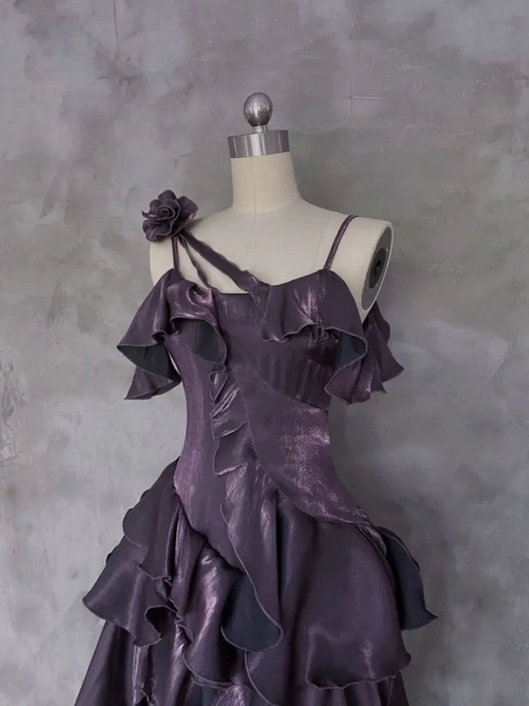 Dark Purple Asymmetrical Layered Flounce Spaghetti Strap Prom Dress Evening Gown