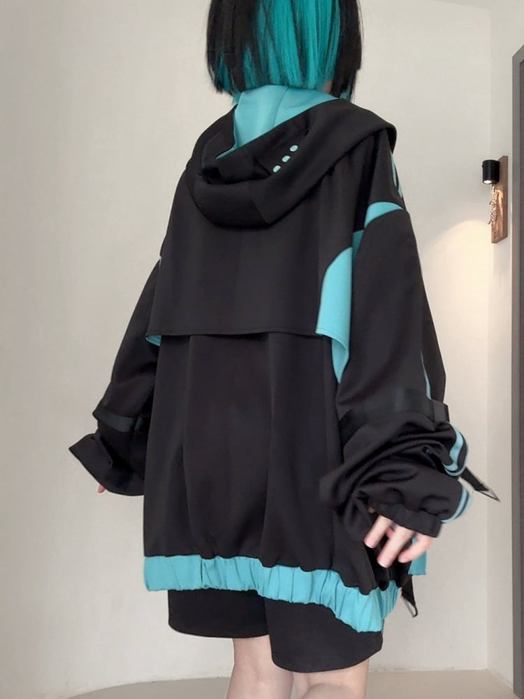 Hooded Techwear Black Futuristic Jacket Blue and Cyberpunk