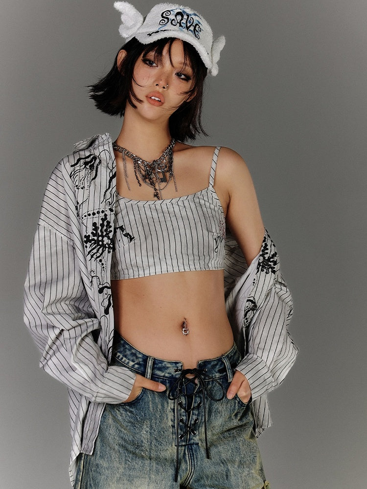Cami Top Stripes Graffiti Distressed White Black Cropped