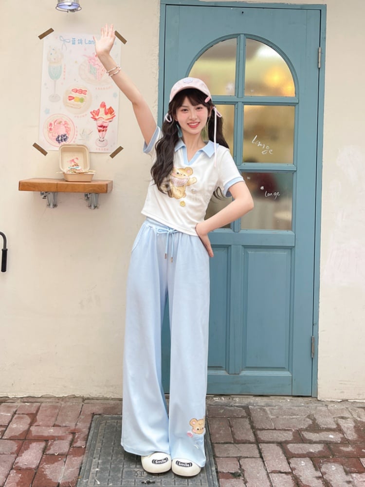 Wide-Leg Casual Pants Blue Drawstring Waist Bear Print Cuff