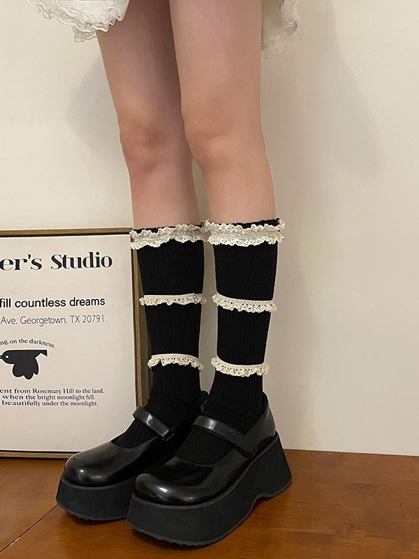 White/Dark Grey Sweet Ruffled Cuff Calf Socks