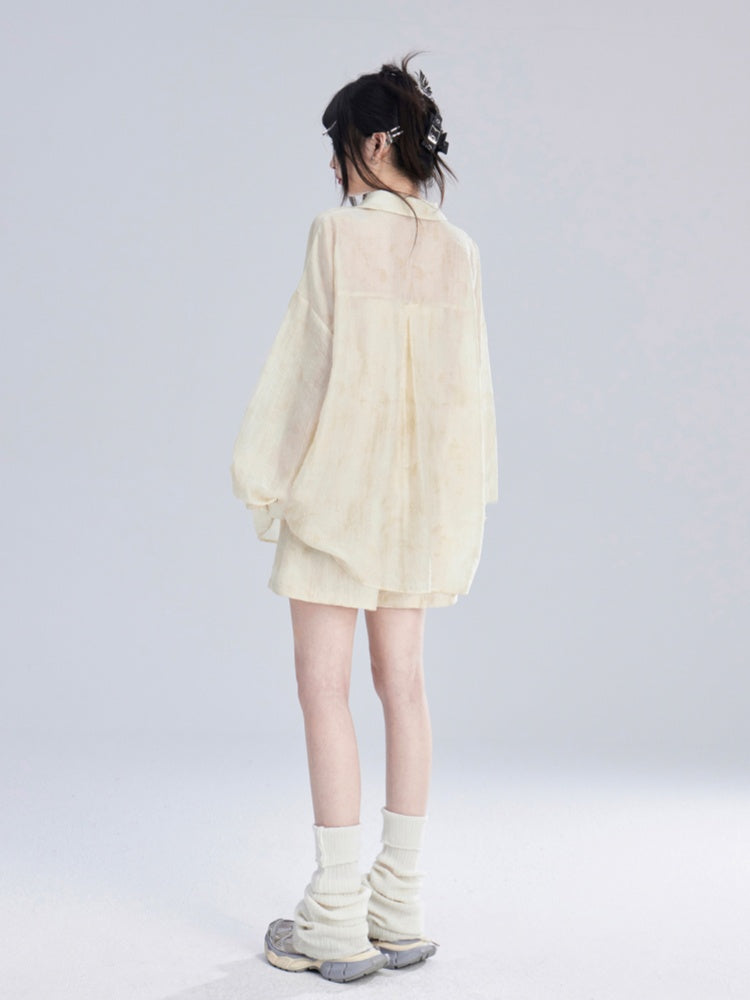 Apricot Semi-Sheer Sun Protection Shirt/Loose Shorts