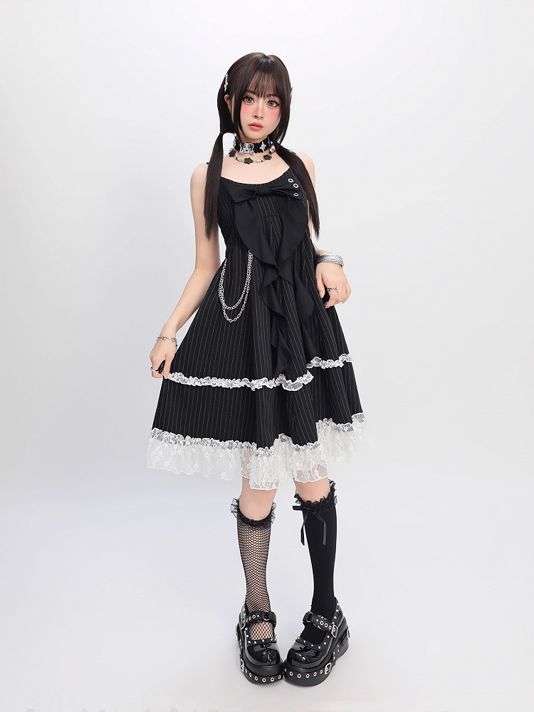 Skirt Cami Dress Big Bow Neckline Black with Striped Waist Detachable Chain Bubble