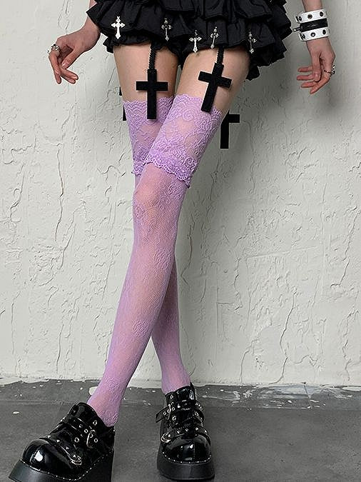 Stockings Y2K Lace Light Pattern Trim Purple Floral Overknee