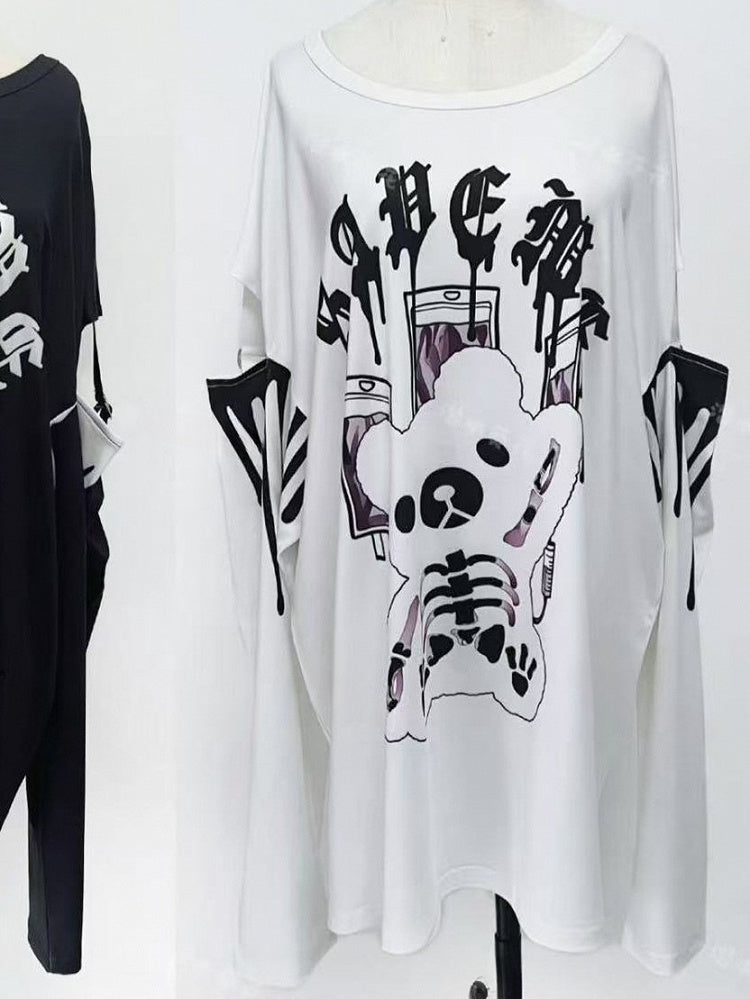 White Letter Kei Long Top Print Sleeves Bear Jirai And