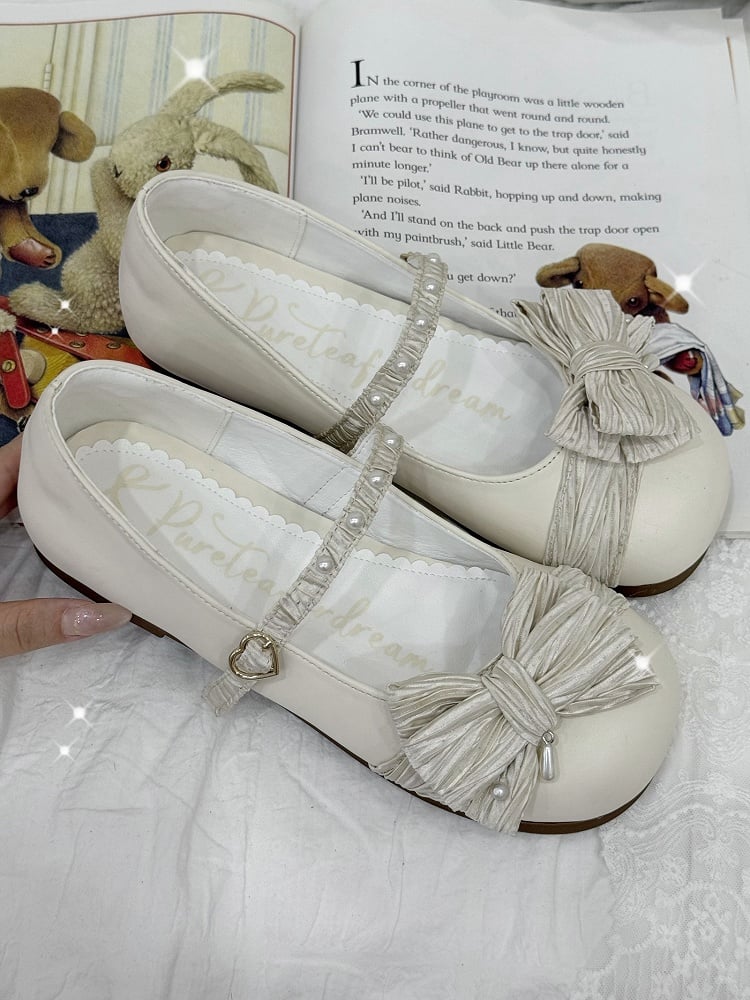 Top Schnalle Zehen Creme Schuhe Perlen Schleife verziert Lolita Weiß Herz Runde bei