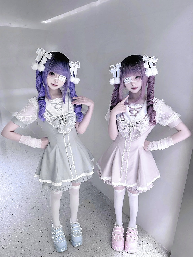 Set Pink/Light Blue Bow Shorts Back Sailor Collar Self-tie Mini Dress + Ruffled Light Hem Jirai Kei