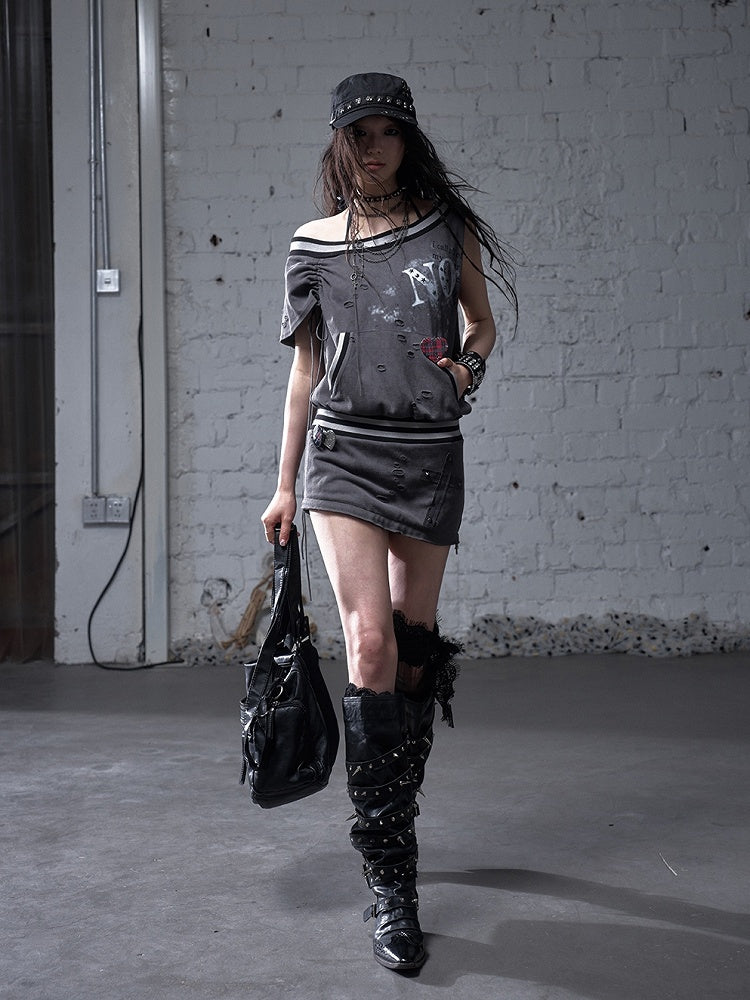 Asymmetrical Neckline Gray/White Wasteland Punk Distressed Dress