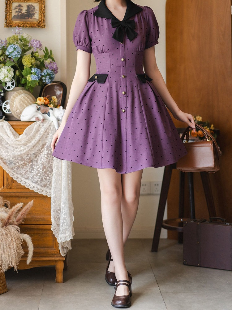 Pattern Black Purple Dress Small Retro Sleeves Puff Heart-shaped Fashion