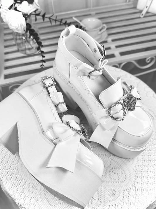 Polished Heel Shoes Top with Loafers High Accents Bow White Block Jirai Kei Rhinestone Platform