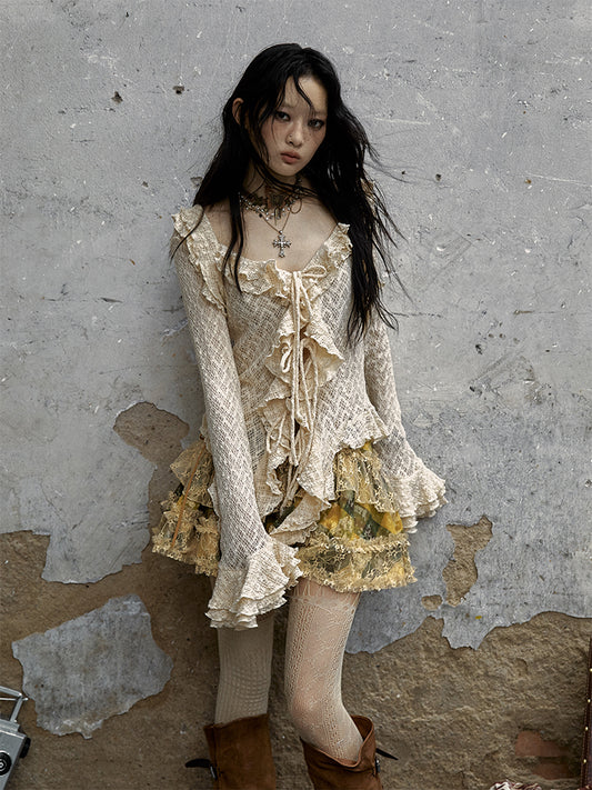 Drawstring Bell Detail Vintage with Ruffle Apricot Sleeves Blouse