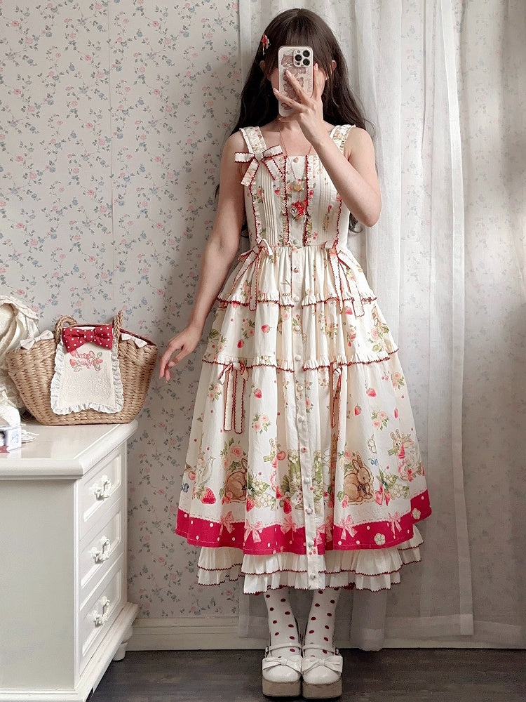 Bunny Pink House Dress Hemline Print Lolita Red Fashion and Strawberry