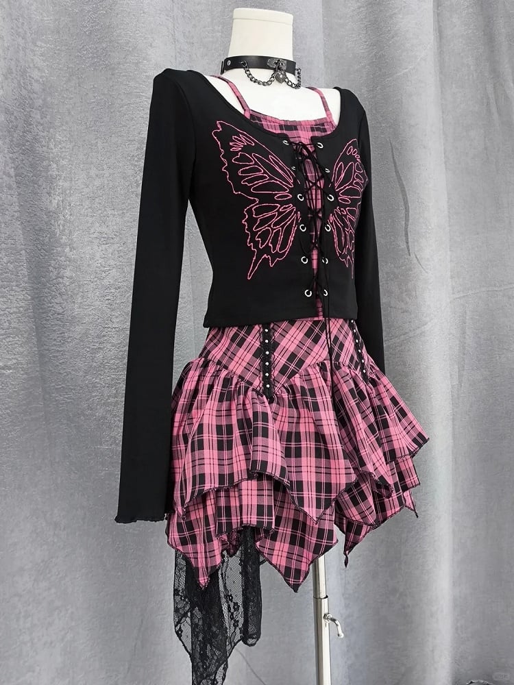 Top Faux Y2K Lace-up Front Butterfly Print Black Pink Plaid Two-pieces and