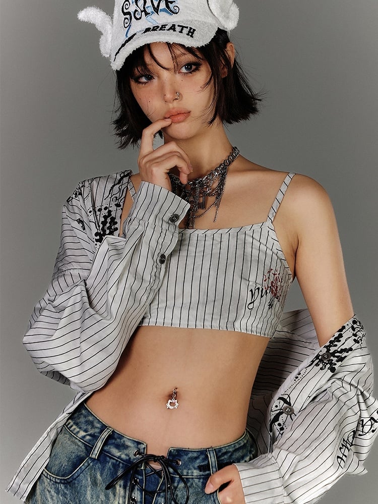 Silhouette Oversized-Shirt mit schwarz-weißen Streifen und Graffiti-Print
