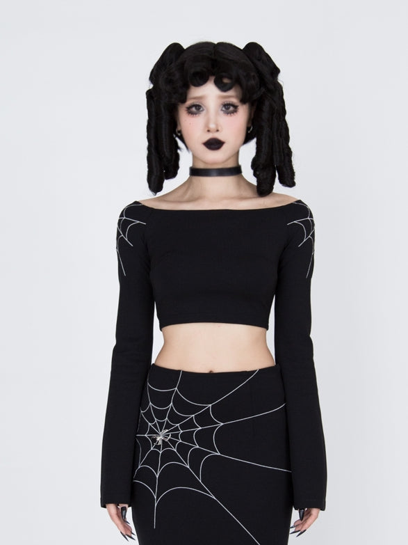 Gothic Black Spiderweb Bell Sleeves Cropped Top