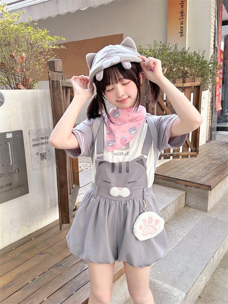 Print Pink Strawberry Cute Cat and Square Scarf