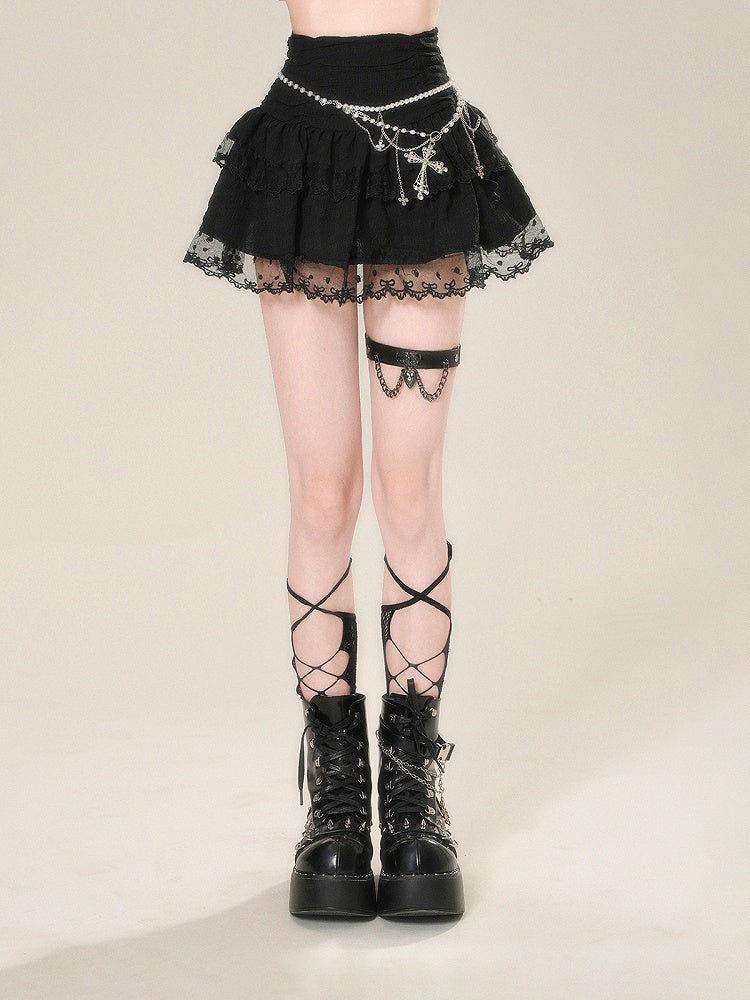 Lace Trim High Skirt Glamorous Tiered Mini Mesh Black Waist
