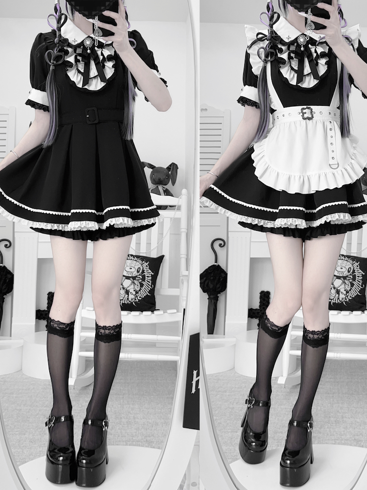 and Shorts Kei Jirai Set Pan Top Maid White Peter Collar Black with