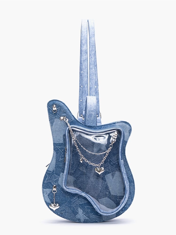 Heart Chain Accents Style Chic 2-Way Kawaii Blue Guitar-Shaped Ita Bag With Y2K