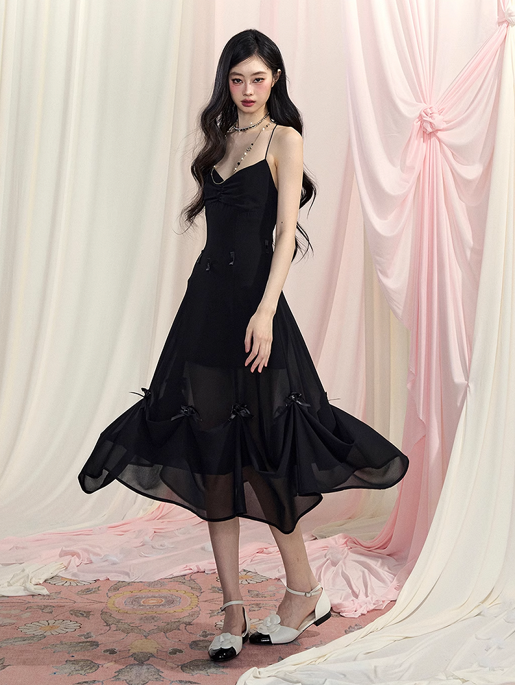 Black Halter Neck Dress Slip Ways Accents Two V-Neck Bowknot Chiffon Wear Backless